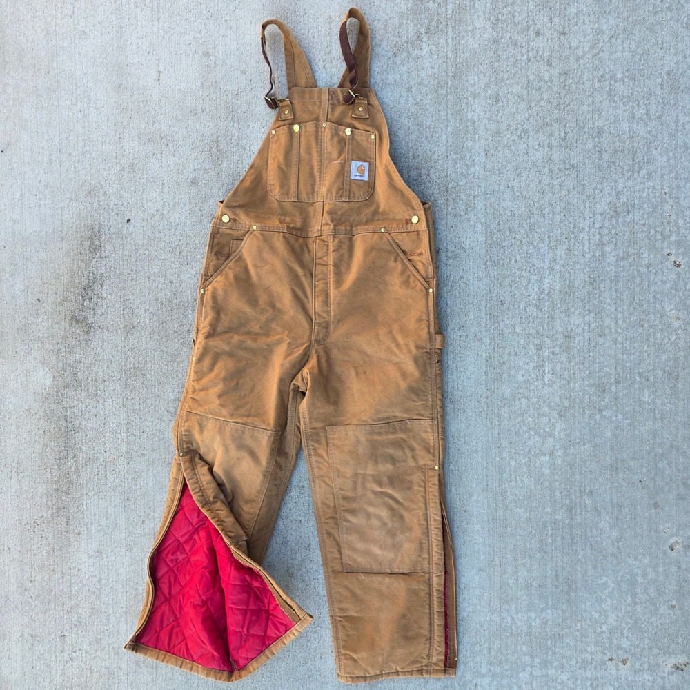 Vintage Carhartt R02 BRN Quilt Lined Duck Bib Overalls Brown 40x30 Made in USA